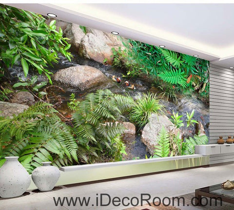 Image of Carp Fish Stream Stone Bush Leaves Grass 00086 Floor Decals 3D Wallpaper Wall Mural Stickers Print Art Bathroom Decor Living Room Kitchen Waterproof Business Home Office Gift
