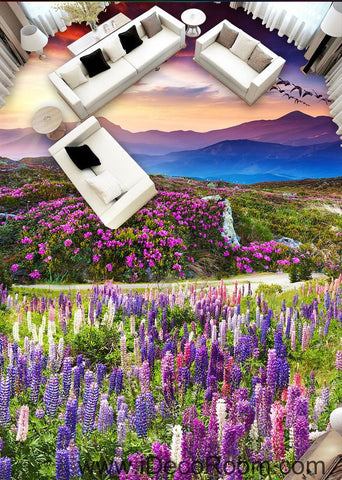 Image of Sunset Mountain Purple Lavender Flowers 00087 Floor Decals 3D Wallpaper Wall Mural Stickers Print Art Bathroom Decor Living Room Kitchen Waterproof Business Home Office Gift