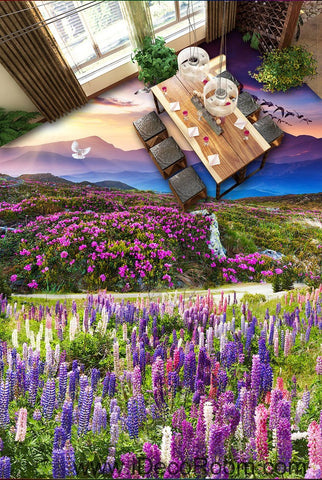 Image of Sunset Mountain Purple Lavender Flowers 00087 Floor Decals 3D Wallpaper Wall Mural Stickers Print Art Bathroom Decor Living Room Kitchen Waterproof Business Home Office Gift