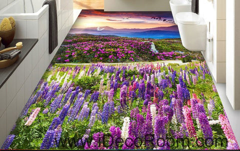 Image of Sunset Mountain Purple Lavender Flowers 00087 Floor Decals 3D Wallpaper Wall Mural Stickers Print Art Bathroom Decor Living Room Kitchen Waterproof Business Home Office Gift