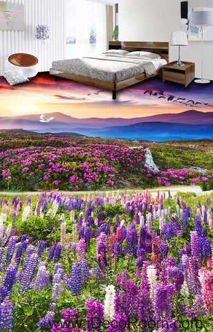 Image of Sunset Mountain Purple Lavender Flowers 00087 Floor Decals 3D Wallpaper Wall Mural Stickers Print Art Bathroom Decor Living Room Kitchen Waterproof Business Home Office Gift