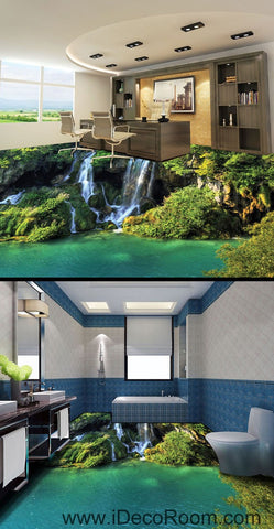 Image of Waterfall Cliff Green Mountain 00096 Floor Decals 3D Wallpaper Wall Mural Stickers Print Art Bathroom Decor Living Room Kitchen Waterproof Business Home Office Gift