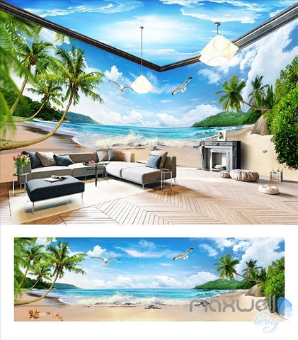 Image of Blue sky white clouds beach sea entire room wallpaper wall mural decal IDCQW-000011