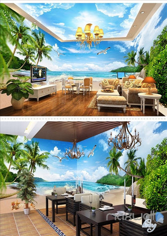 Image of Blue sky white clouds beach sea entire room wallpaper wall mural decal IDCQW-000011