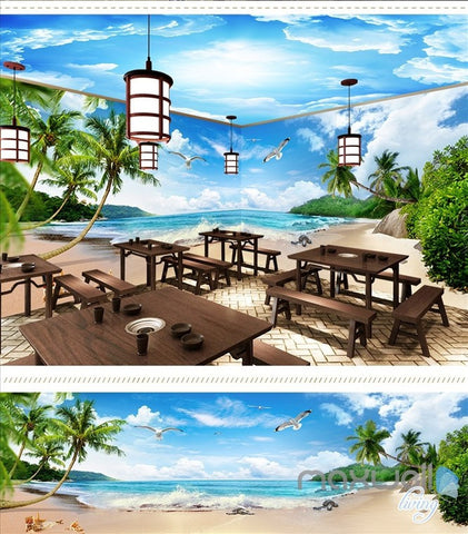 Image of Blue sky white clouds beach sea entire room wallpaper wall mural decal IDCQW-000011