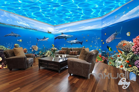 Image of Fish tank ocean park theme space entire room wallpaper wall mural decal IDCQW-000012