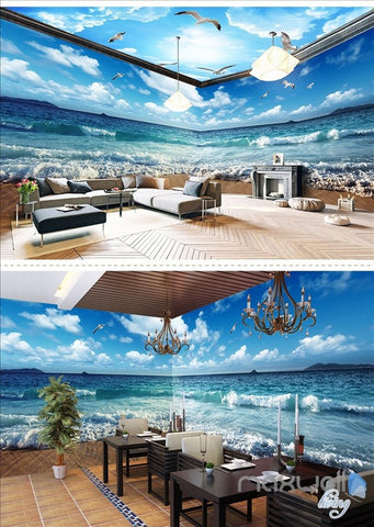 Image of The waves beach birds blue sky 3D wall murals wallpaper IDCQW-000015