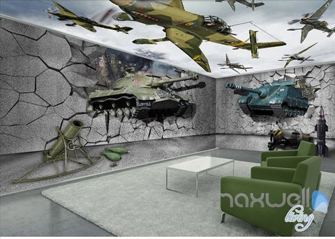 Image of 3D tank broken wall entire room wallpaper wall mural decal IDCQW-000055