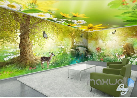 Image of Fairy tale forest deer butterfly entire kids room wallpaper 3D wall mural decal art print IDCQW-000056