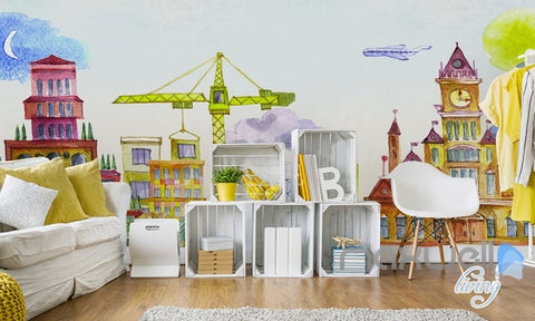 Image of Cartoon hand painted castle Ferris Wheel Amusement Park Kids Room entire room wallpaper wall mural decal IDCQW-000067