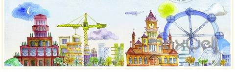 Image of Cartoon hand painted castle Ferris Wheel Amusement Park Kids Room entire room wallpaper wall mural decal IDCQW-000067