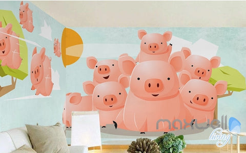 Image of Sunny pig flying fresh nature abstract tree entire room wallpaper wall mural decal IDCQW-000070