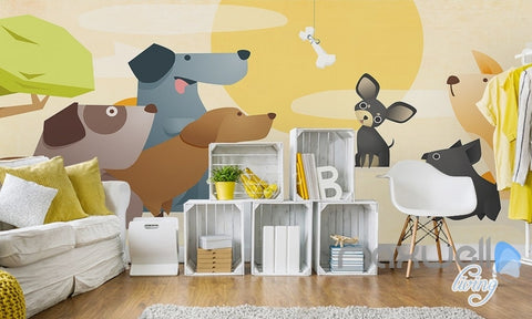 Image of Cartoon pet dog meat bones sunrise entire kids room wallpaper wall mural decal Art Print IDCQW-000071