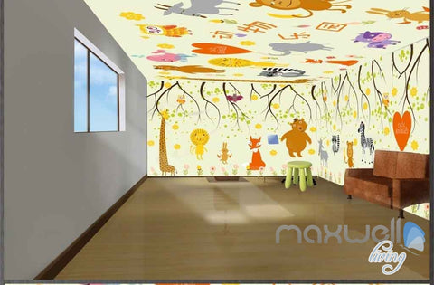 Image of Cartoon Animal Safari Giraffe Monkey Entire Room Wallpaper Wall Murals Art Print IDCQW-000079