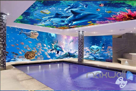Image of Sea life Dophins Shaks Fish Coral Entire Room 3D Wallpaper Wall Murals Art Print IDCQW-000082