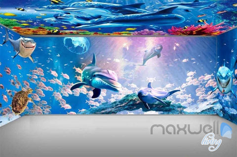 Image of Sea life Dophins Shaks Fish Coral Entire Room 3D Wallpaper Wall Murals Art Print IDCQW-000082