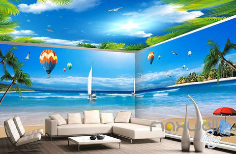 Image of 3D Palm Tree Resort Hot Air Balloon Entire Room Wallpaper Wall Murals Art Prints IDCQW-000087