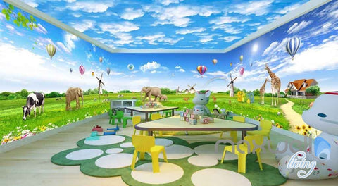 Image of 3D Animals Windwill Elephant Giraffe Clouds Entire Room Wallpaper Wall Murals Art Prints IDCQW-000088