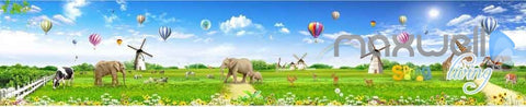Image of 3D Animals Windwill Elephant Giraffe Clouds Entire Room Wallpaper Wall Murals Art Prints IDCQW-000088