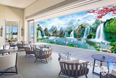 Image of Lotus Mountain Tree Waterfall Entire Room Wallpaper Wall Murals Art Prints IDCQW-000092