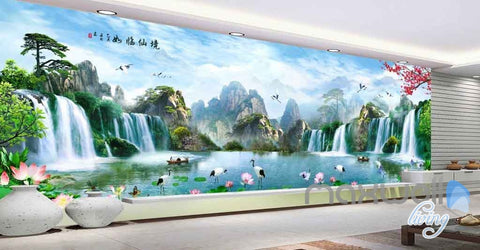 Image of Lotus Mountain Tree Waterfall Entire Room Wallpaper Wall Murals Art Prints IDCQW-000092