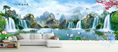 Image of Lotus Mountain Tree Waterfall Entire Room Wallpaper Wall Murals Art Prints IDCQW-000092