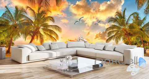 Image of 3D Palm Tree Island Sunset Entire Room Wallpaper Wall Mural Art Prints IDCQW-000093