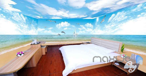Image of 3D Beach Penguin Dophin Jump Entire Room Wallpaper Wall Mural Art Prints IDCQW-000095