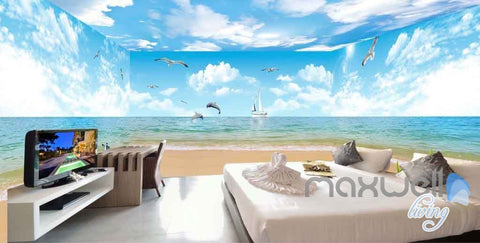Image of 3D Beach Penguin Dophin Jump Entire Room Wallpaper Wall Mural Art Prints IDCQW-000095