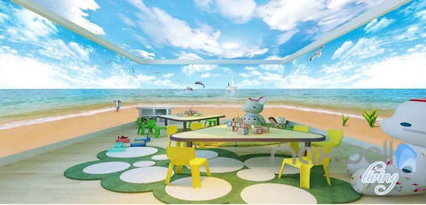 Image of 3D Beach Penguin Dophin Jump Entire Room Wallpaper Wall Mural Art Prints IDCQW-000095