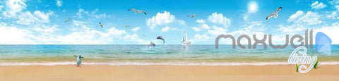 Image of 3D Beach Penguin Dophin Jump Entire Room Wallpaper Wall Mural Art Prints IDCQW-000095