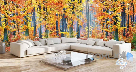 Image of 3D Orange Yellow Forest Autumn Entire Room Wallpaper Wall Murals Art Print IDCQW-000097