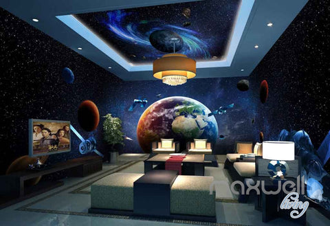 Image of 3D Earth Planets Satellite Universe Entire Room Wallpaper Wall Murals Art Prints IDCQW-000100