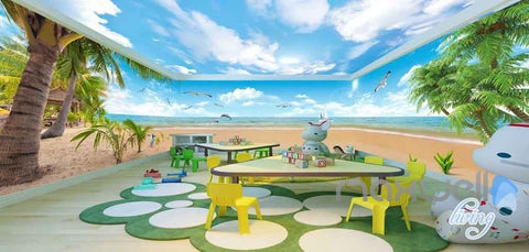 Image of 3D Palm Tree Island Seagull Entire Room Wallpaper Wall Murals Art Prints IDCQW-000101