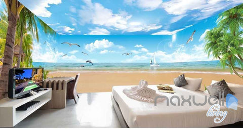 Image of 3D Palm Tree Island Seagull Entire Room Wallpaper Wall Murals Art Prints IDCQW-000101