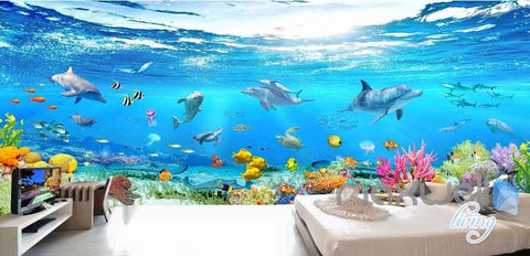 Image of 3D Aquarium Glass View Turtles Dophins Entire Room Wallpaper Wall Murals IDCQW-000111