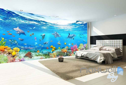 Image of 3D Aquarium Glass View Turtles Dophins Entire Room Wallpaper Wall Murals IDCQW-000111