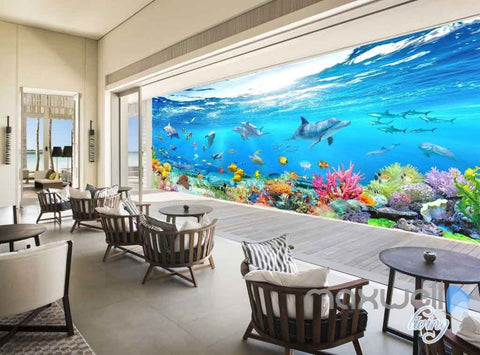 Image of 3D Aquarium Glass View Turtles Dophins Entire Room Wallpaper Wall Murals IDCQW-000111