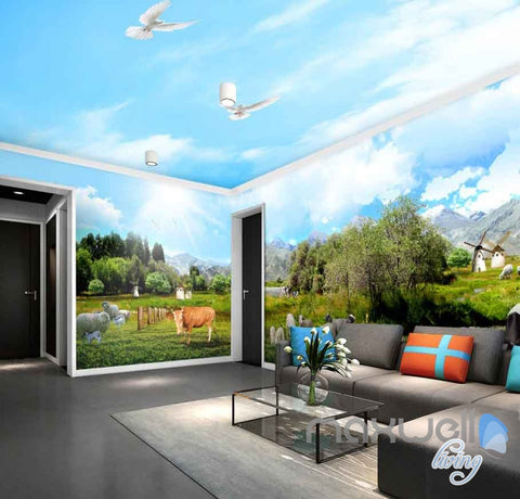 Image of 3D Farm View Sheep Cow Entire Room Wallpaper Wall Murals Business Decor IDCQW-000113