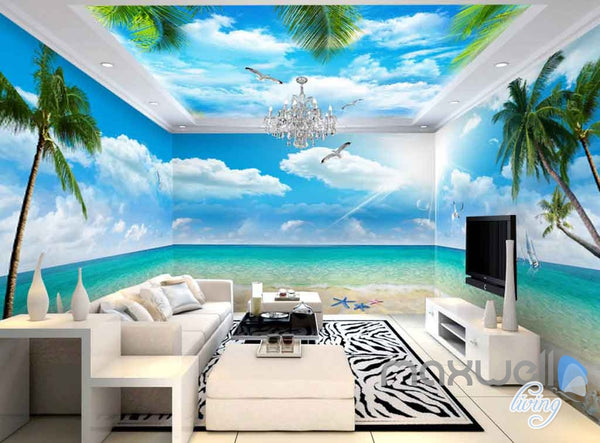 3D Beach View Starfish Palm Tree Entire Room Wallpaper Wall Murals Art ...