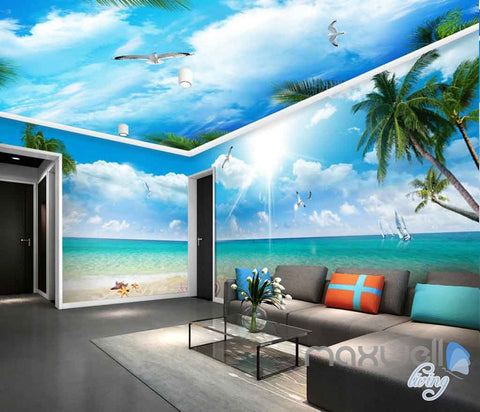 Image of 3D Beach View Starfish Palm Tree Entire Room Wallpaper Wall Murals Art Prints IDCQW-000118