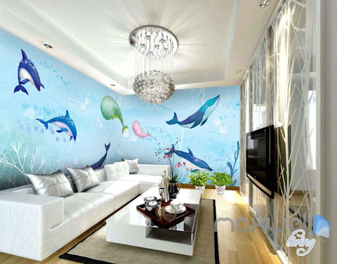 Image of Watercolor Whale Dophin Blue Entire Room Wallpaper Wall Mural Art Prints IDCQW-000119