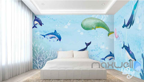 Image of Watercolor Whale Dophin Blue Entire Room Wallpaper Wall Mural Art Prints IDCQW-000119