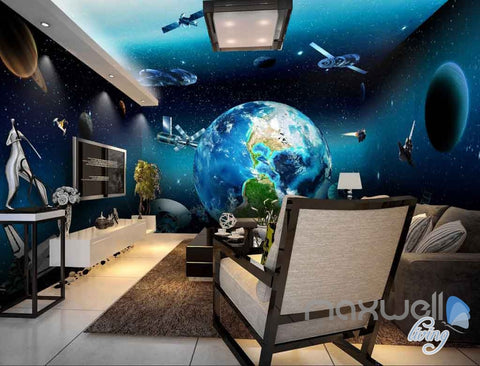 Image of 3D Earth View Satellite Universe Entire Room Wallpaper Wall Murals Art Prints IDCQW-000127