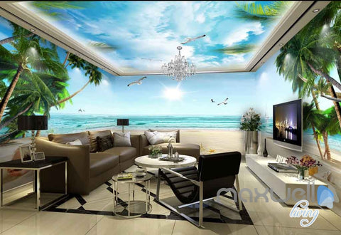 Image of 3D Tropical Palm Tree Beach Sunshine Entire Living Room Wallpaper Wall Murals Art IDCQW-000129