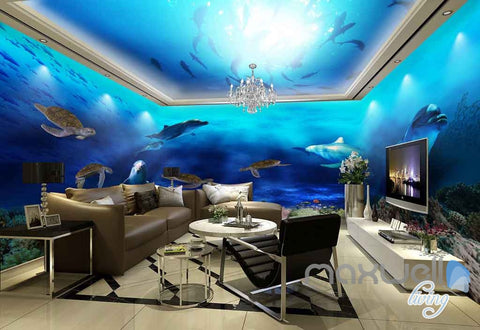 Image of 3D Fish Shoal Underwater Turtle Dophins Entire Room Wallpaper Wall Murals Art Prints IDCQW-000139