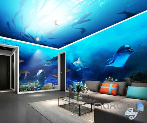 Image of 3D Fish Shoal Underwater Turtle Dophins Entire Room Wallpaper Wall Murals Art Prints IDCQW-000139
