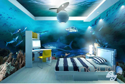 Image of 3D Sharks Shadow Underwater Entire Room Wallpaper Wall Murals Art Prints IDCQW-000142