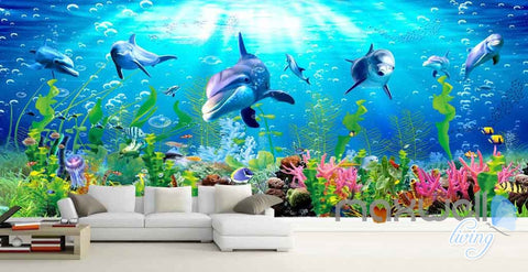 Image of 3D Dophins Playing Coral Entire Living Room Bathroom Wallpaper Wall Murals Art Prints IDCQW-000149