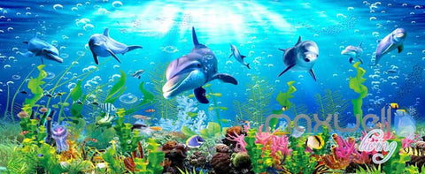 Image of 3D Dophins Playing Coral Entire Living Room Bathroom Wallpaper Wall Murals Art Prints IDCQW-000149
